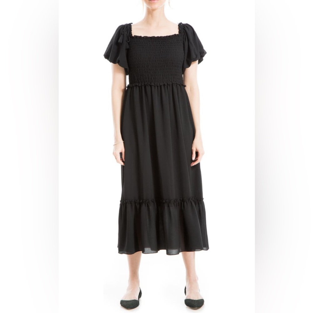 NWT MAX STUDIO Puff Sleeve Smocked Tassels Puff Sleeves Midi Dress in Black - Picture 1 of 9